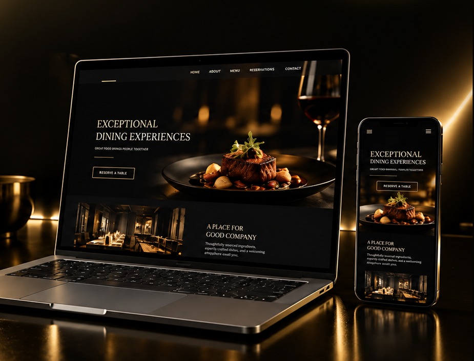Elegant restaurant website shown on a laptop and smartphone
